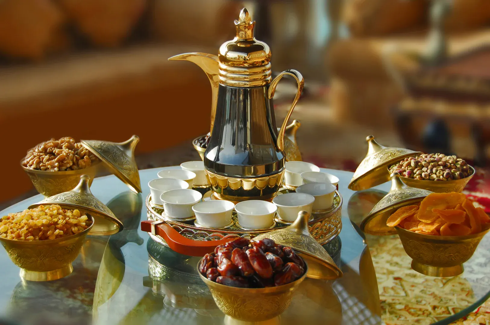 Arabic coffee service setup with traditional dallah and dates in Dubai